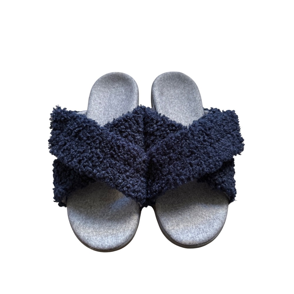 Vionic Relax II Faux Fur Navy Blue Cross Strap Slippers Slides Womens 13